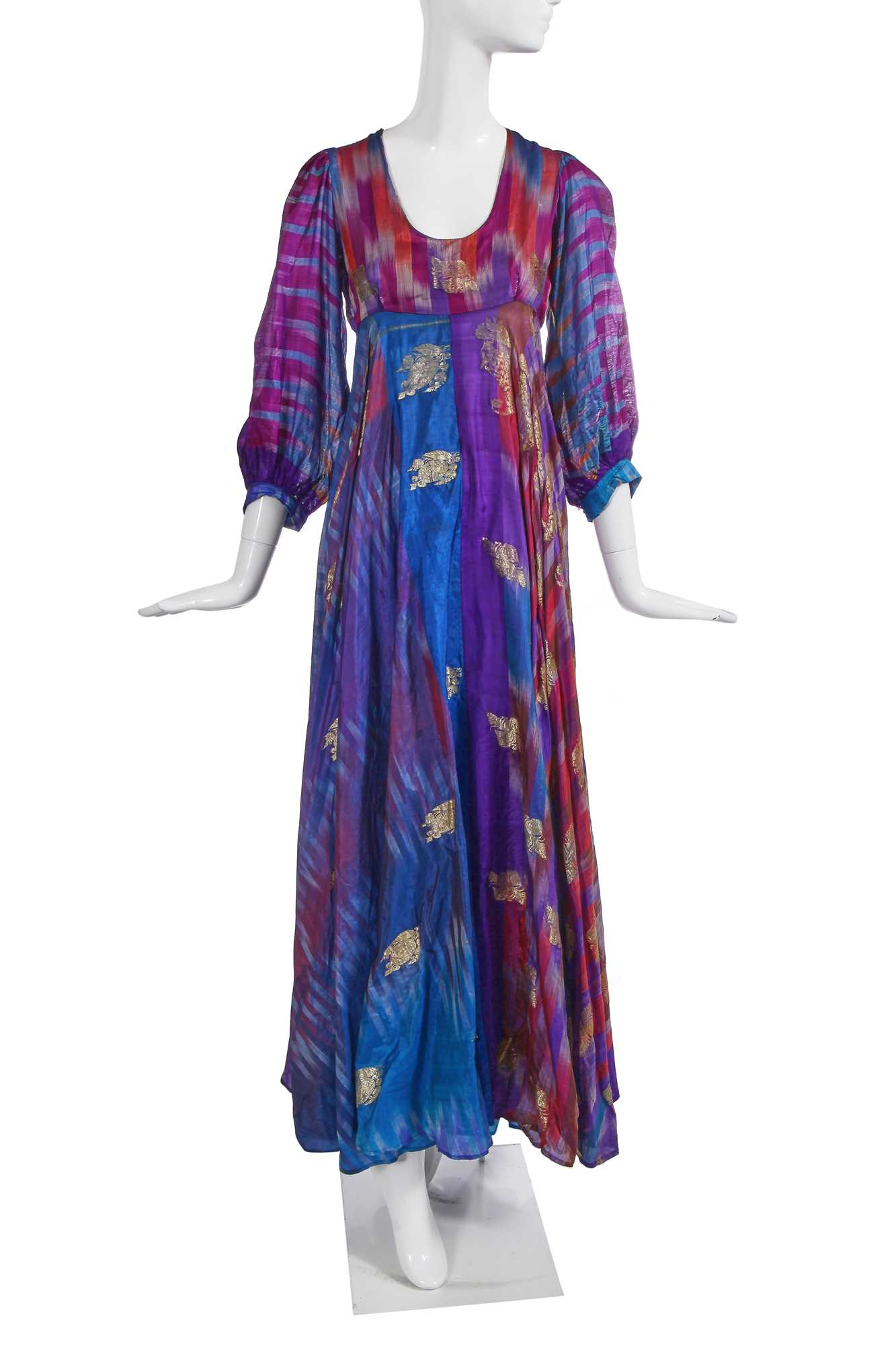 Lot 380 - A Thea Porter purple and gold silk dress, circa 1970