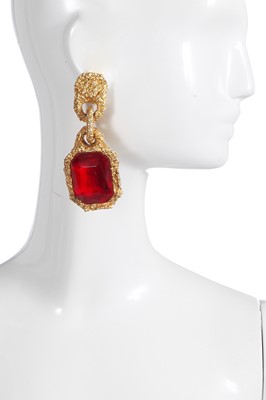 Lot 35 - A pair of Chanel gold-tone and glass gem drop earrings, Autumn-Winter 1990-91