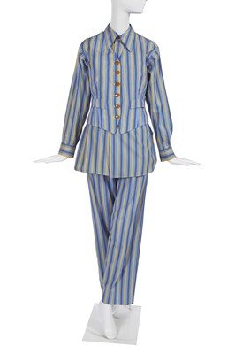 Lot 517 - A Vivienne Westwood blue and yellow striped cotton ensemble, 'Grand Hotel' collection, Spring-Summer 1993