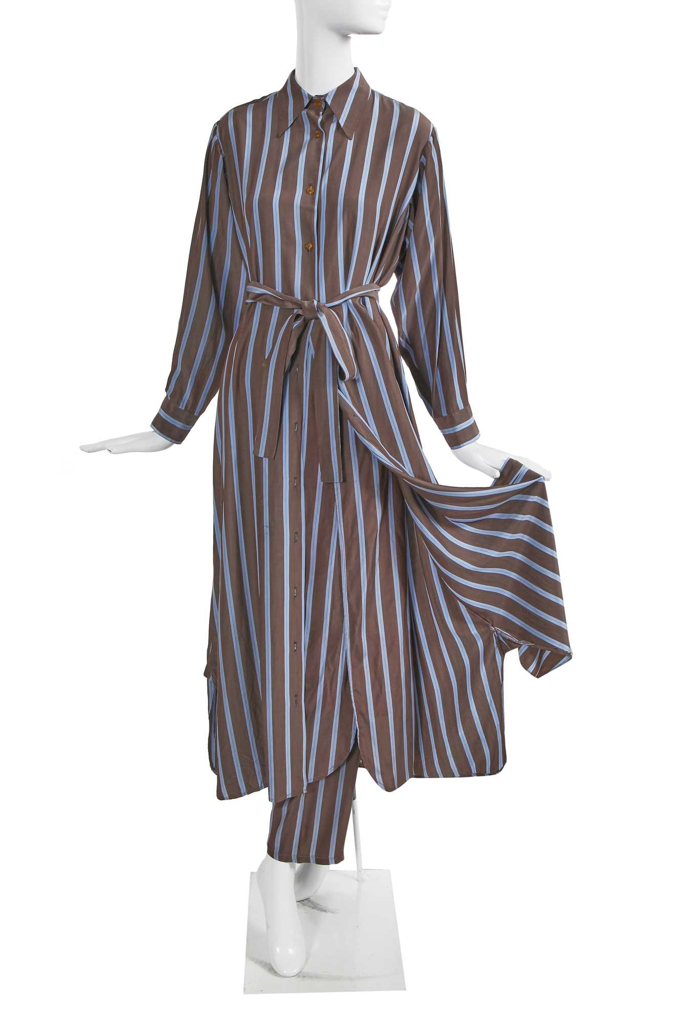 Lot 219 - A Vivienne Westwood grey and blue striped silk ensemble, 'Cut, Slash and Pull' collection, Spring-Summer 1991