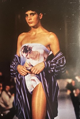 Lot 219 - A Vivienne Westwood grey and blue striped silk ensemble, 'Cut, Slash and Pull' collection, Spring-Summer 1991