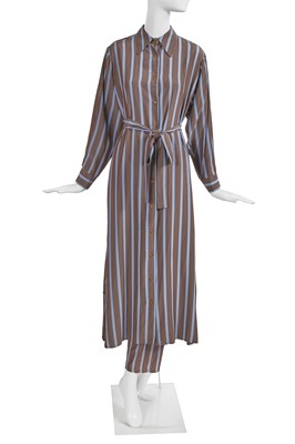 Lot 219 - A Vivienne Westwood grey and blue striped silk ensemble, 'Cut, Slash and Pull' collection, Spring-Summer 1991