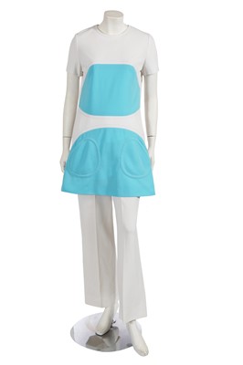 Lot 704 - A Louis Féraud white and turquoise crêpe pantsuit, mid-1960s