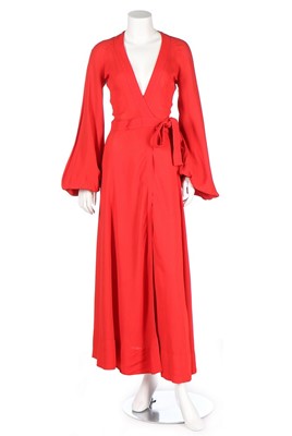 Lot 158 - An Ossie Clark red crêpe 'Cuddly' wrap-over...