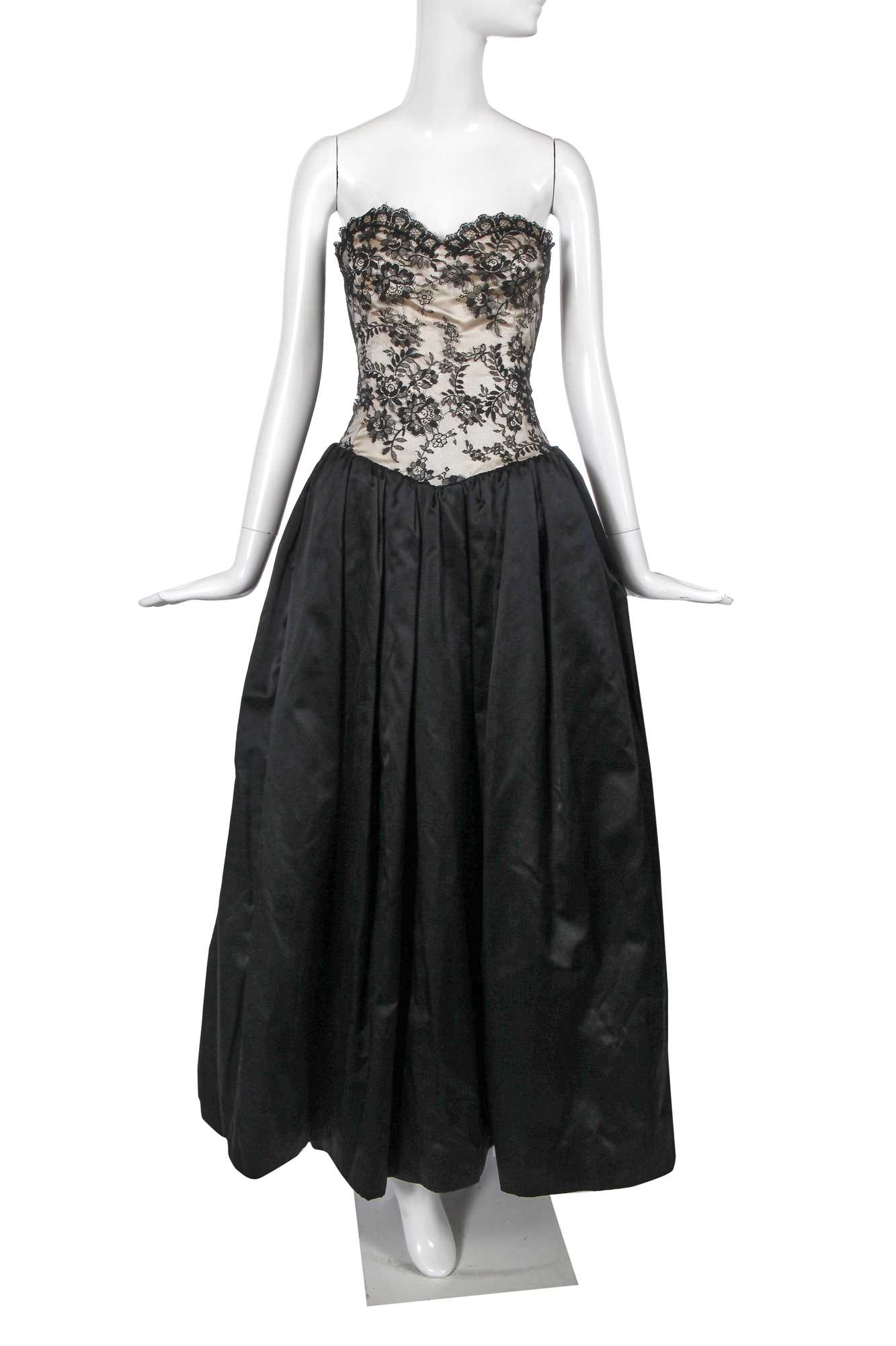 Lot 437 - A Hardy Amies black Chantilly lace and silk satin ballgown, circa 1956