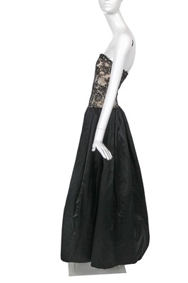 Lot 437 - A Hardy Amies black Chantilly lace and silk satin ballgown, circa 1956