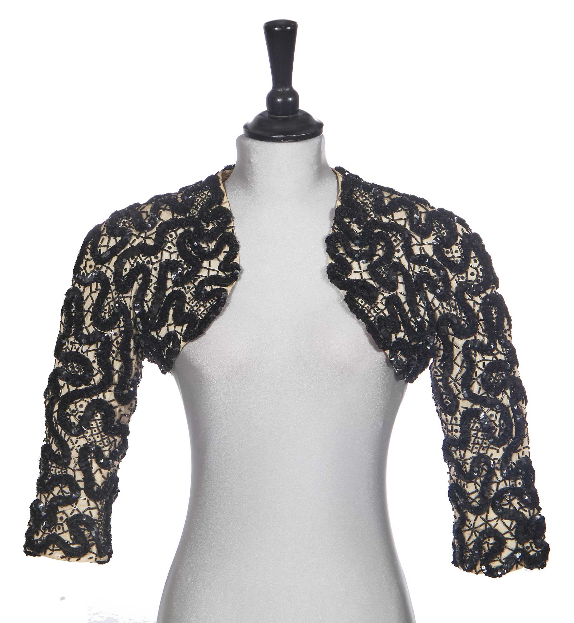 Lot 439 - Tina Chow's Cristóbal Balenciaga haute couture beaded and sequinned silk faille bolero, 1946