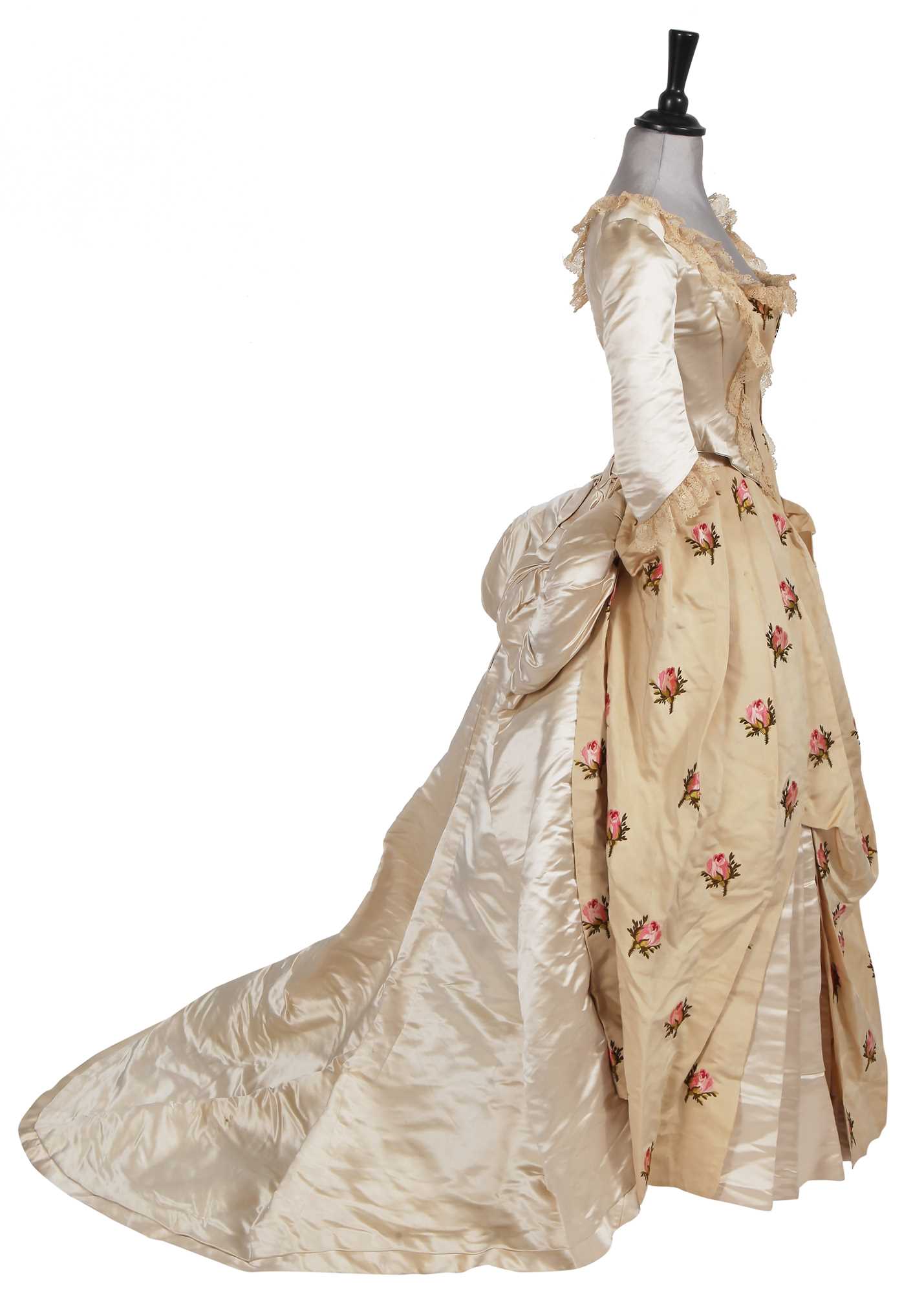 Lot 489 - A Josephine H Egan rose brocade and satin evening gown, American, circa 1885