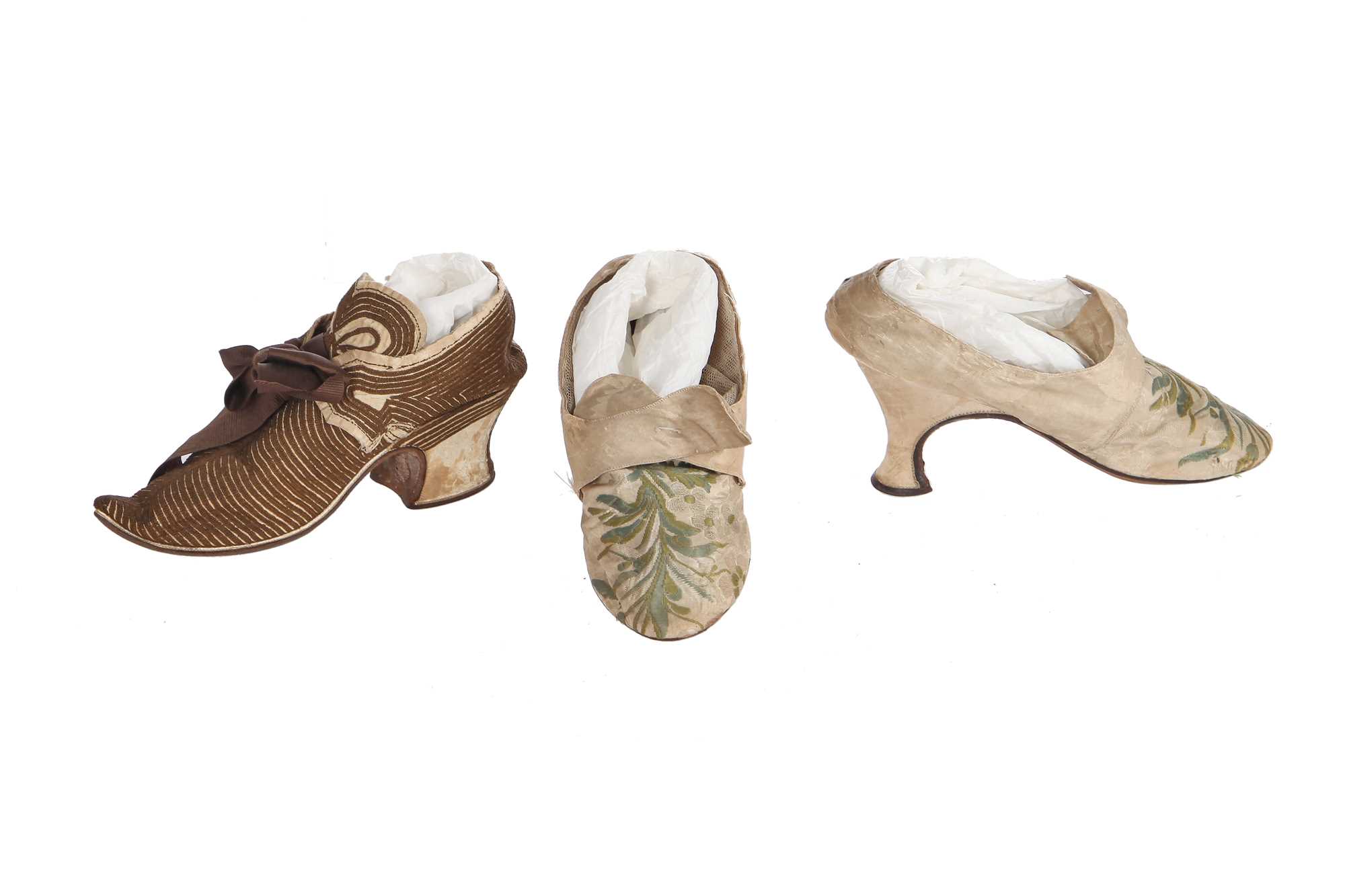 Lot 532 - A single shoe circa 1720 and a pair of high heeled brocaded silk shoes, 1770s