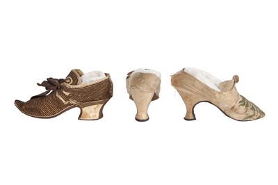 Lot 532 - A single shoe circa 1720 and a pair of high heeled brocaded silk shoes, 1770s