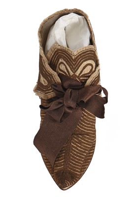 Lot 532 - A single shoe circa 1720 and a pair of high heeled brocaded silk shoes, 1770s