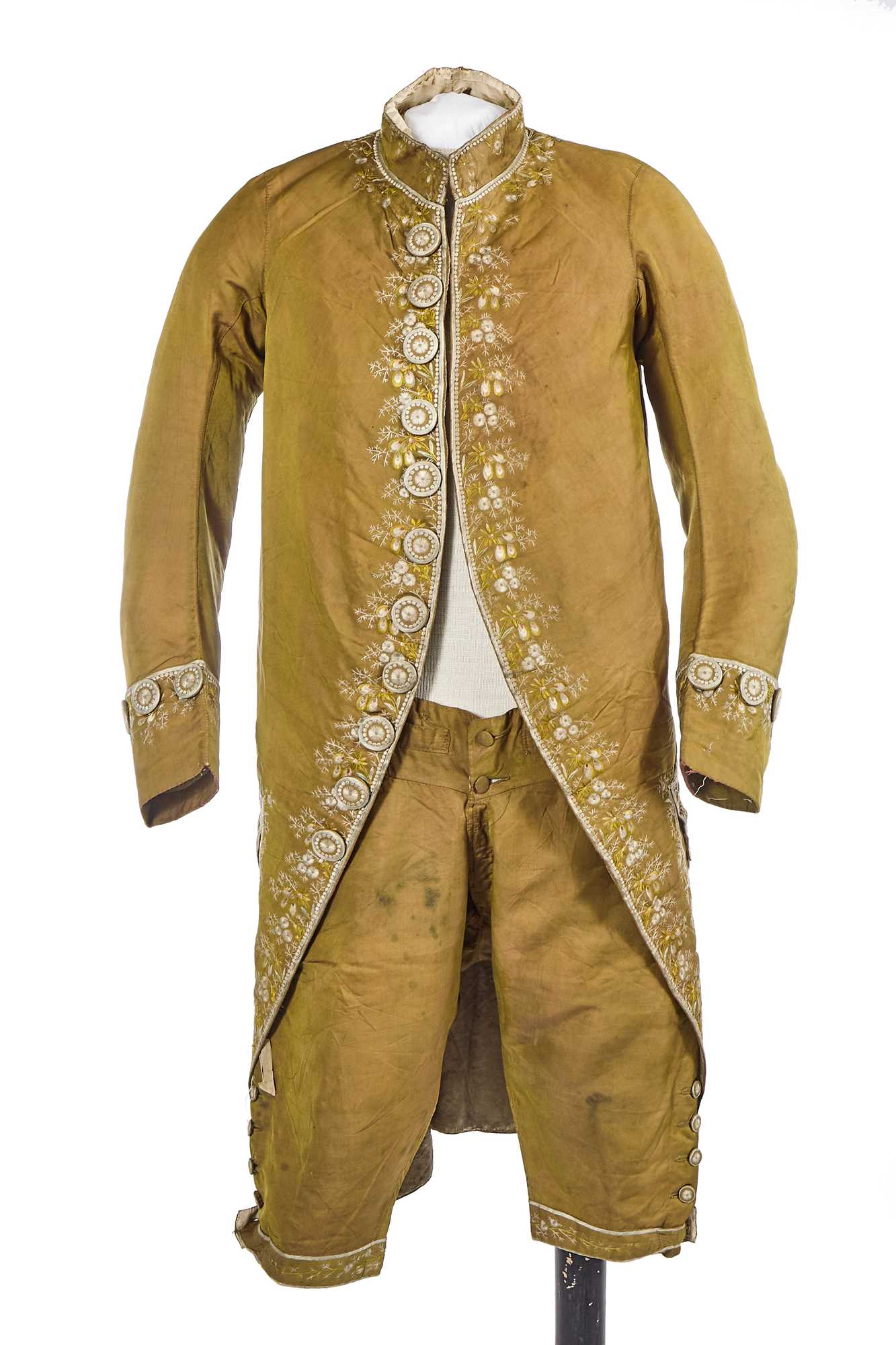 Lot 181 - An embroidered changeant silk coat and breeches, circa 1785