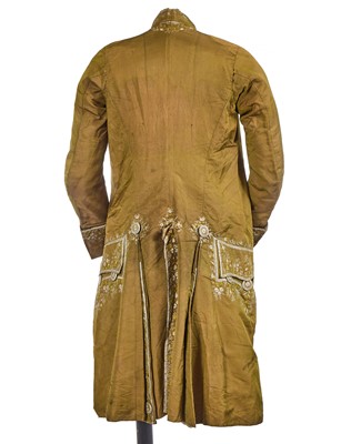 Lot 181 - An embroidered changeant silk coat and breeches, circa 1785
