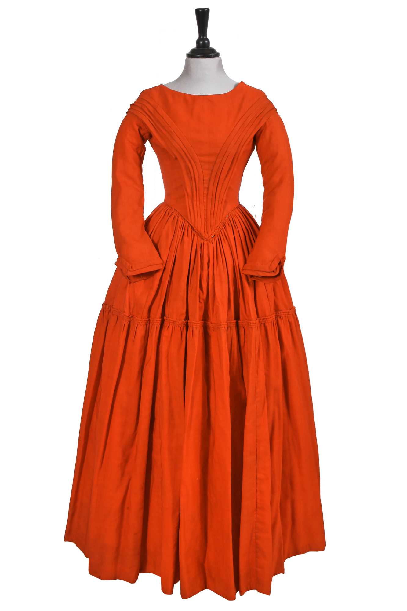 Lot 501 - An unusual scarlet wool day dress, 1840-45
