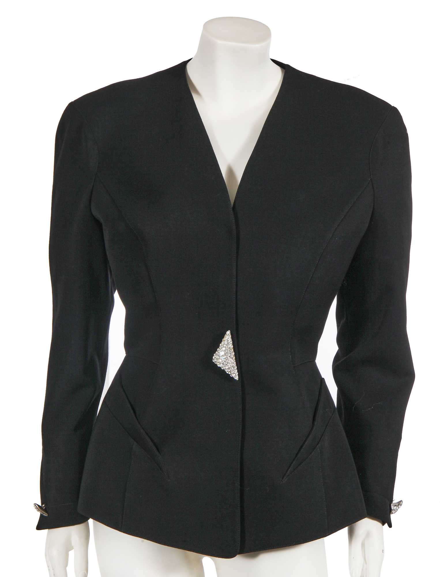 Lot 545 - A Thierry Mugler black grain de poudre collarless jacket, circa 1992