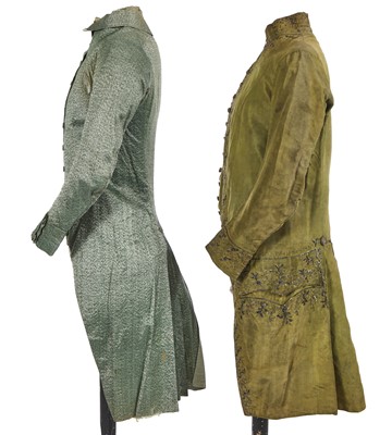 Lot 182 - An embroidered green silk coat and waistcoat, 1780s