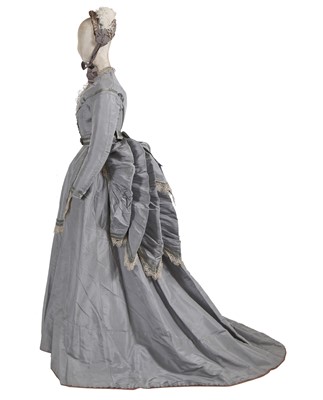Lot 853 - A pale grey faille wedding dress and bonnet, late 1860s or early 1870s
