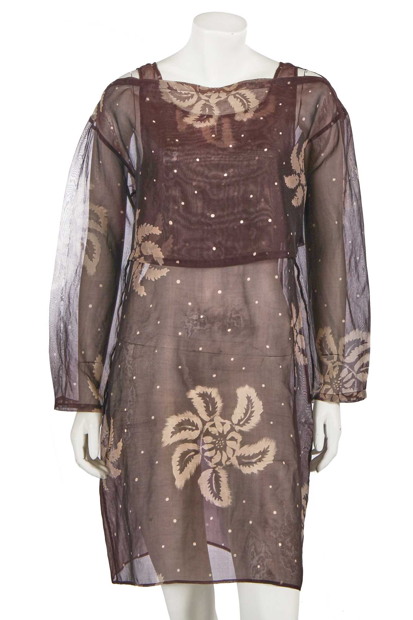 Lot 434 - An Issey Miyake printed brown silk organza ensemble, circa 1990