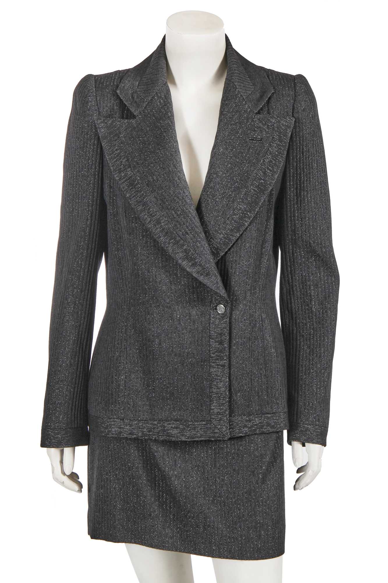 Lot 556 - A Givenchy by Alexander McQueen grey wool and lurex suit, Autumn-Winter 1998-99