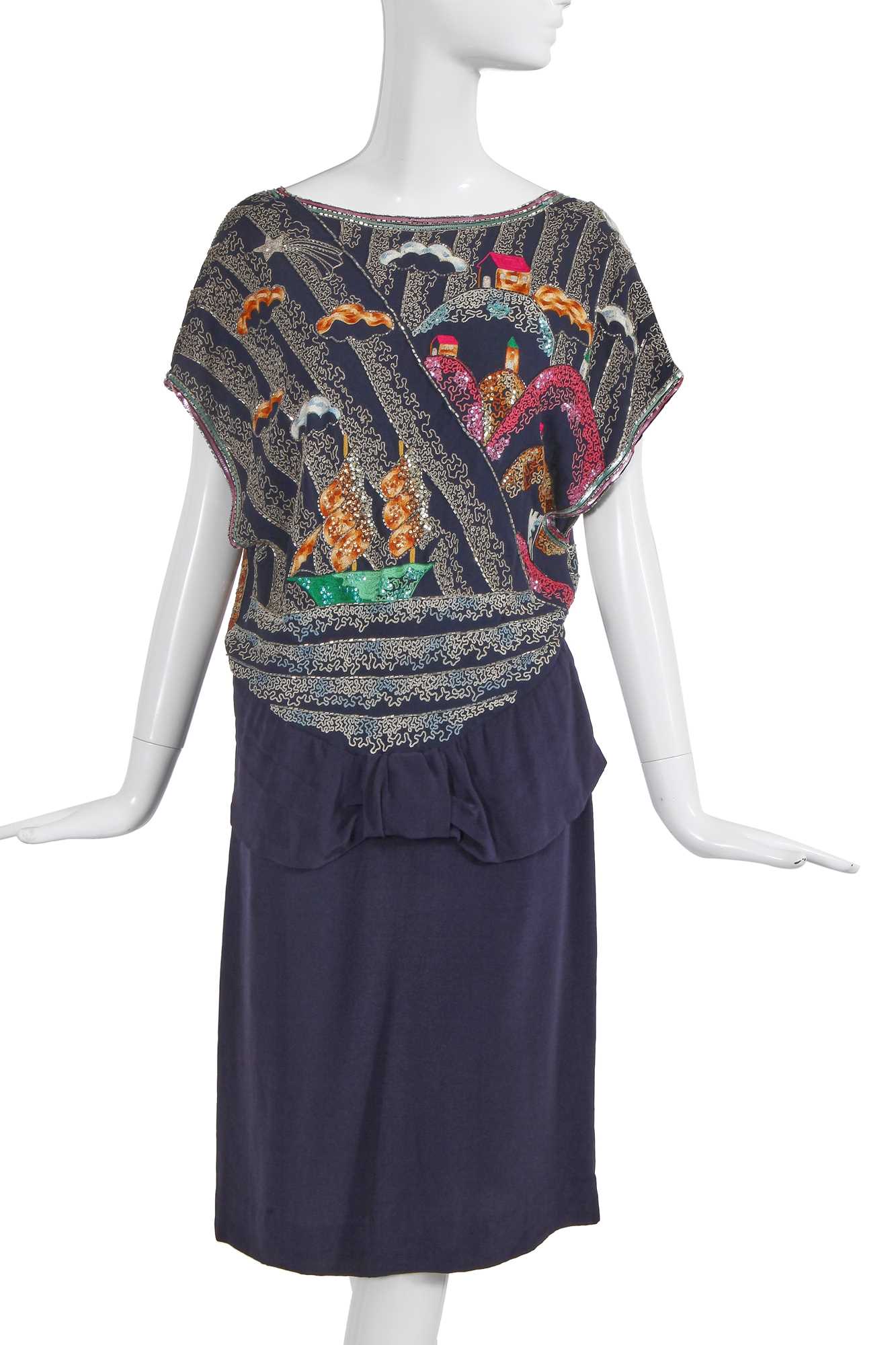 Lot 227 - A Chloé by Karl Lagerfeld embroidered blue chiffon and satin-backed crêpe dress, circa 1982