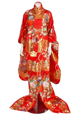 Lot 888 - A brocaded red satin wedding kimono, probably 1960s