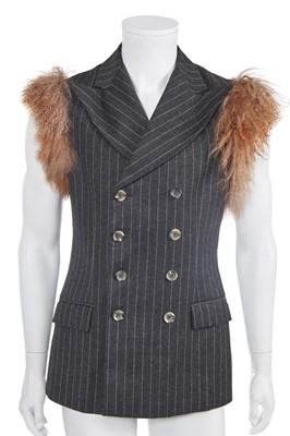 Lot 20 - A rare Alexander McQueen men's Mongolian lamb and pinstriped grey wool sleeveless jacket, 'Dante' collection, Autumn-Winter 1996-97