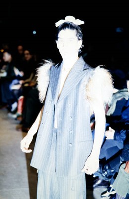 Lot 20 - A rare Alexander McQueen men's Mongolian lamb and pinstriped grey wool sleeveless jacket, 'Dante' collection, Autumn-Winter 1996-97