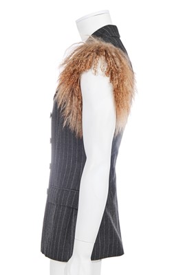 Lot 20 - A rare Alexander McQueen men's Mongolian lamb and pinstriped grey wool sleeveless jacket, 'Dante' collection, Autumn-Winter 1996-97