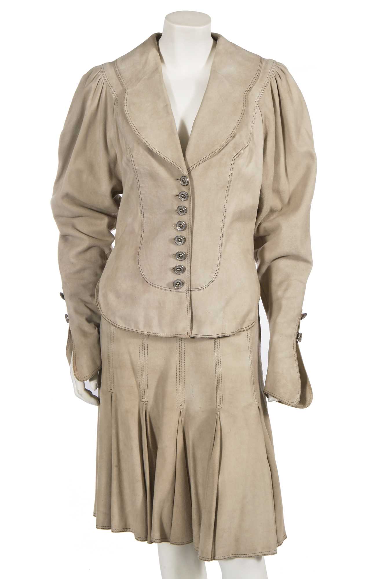 Lot 688 - A Bill Gibb taupe suede suit, circa 1972