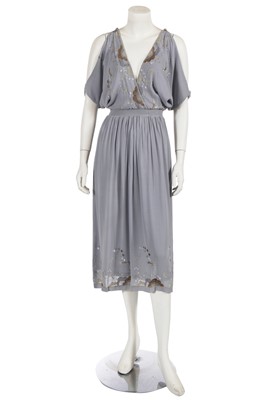 Lot 663 - A Janice Wainwright periwinkle blue embroidered dress, 1970s