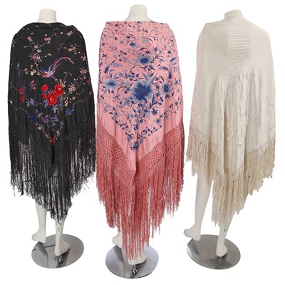 Lot 935 - Three Cantonese embroidered shawls, Chinese for the European market, 1920s