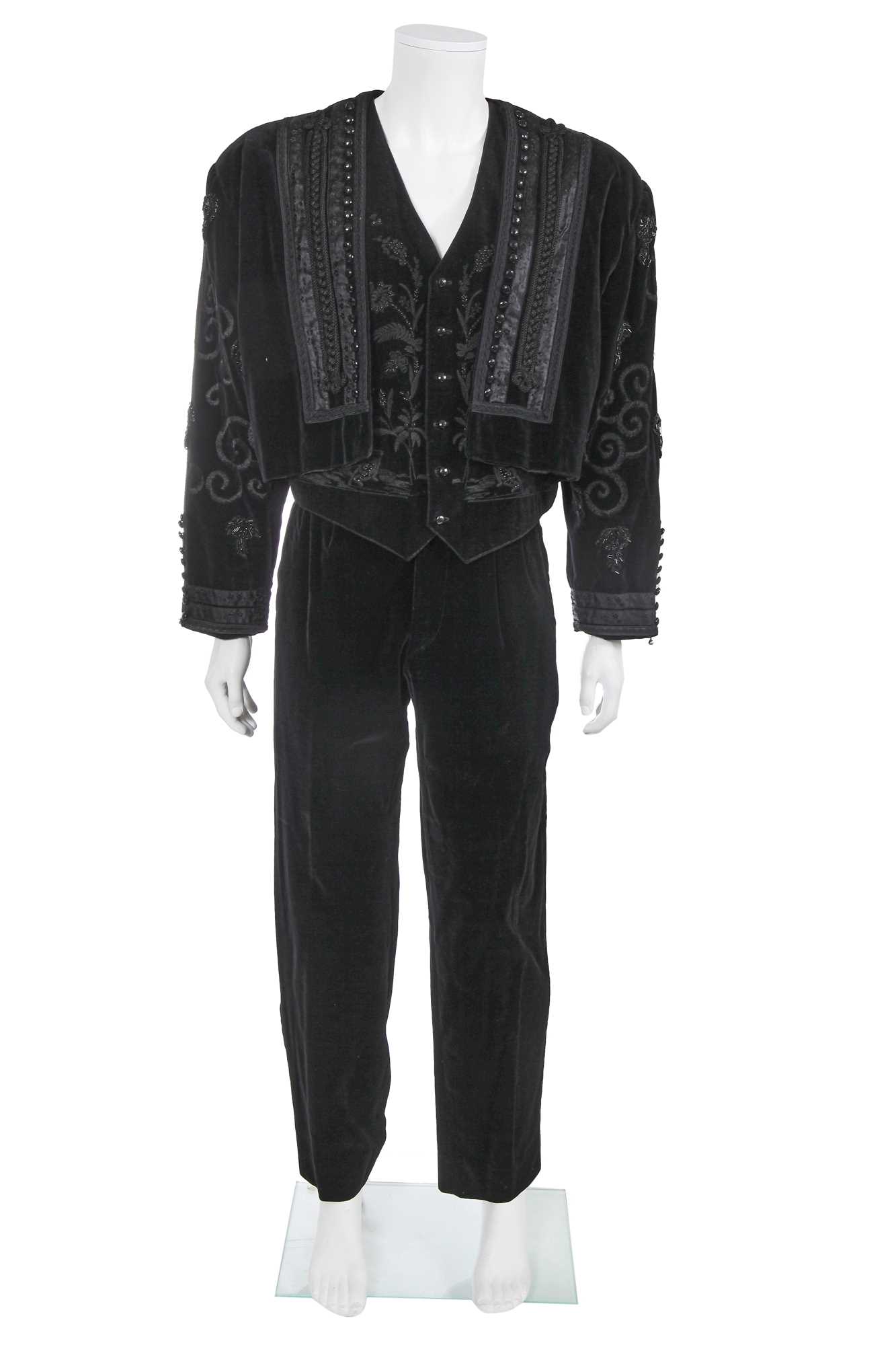 Lot 90 - A Jean Paul Gaultier men's black velvet three-piece ensemble, ‘Joli monsieur’ collection, Autumn-Winter 1985-86