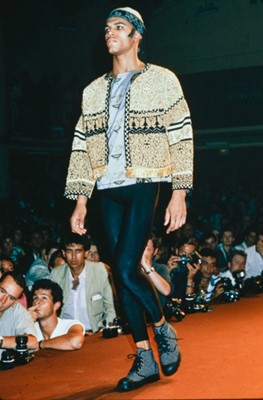 Lot 92 - A Jean-Paul Gaultier men's knitted and textured cotton/lurex waistcoat and hat, ‘Histoire d’homme’ collection, Spring-Summer 1986