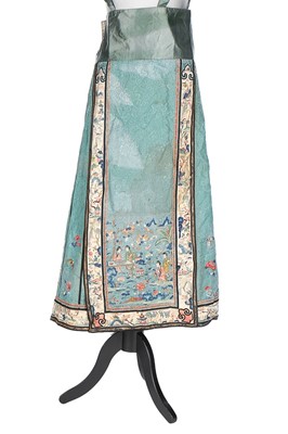 Lot 480 - An embroidered blue-green satin skirt, Chinese,...