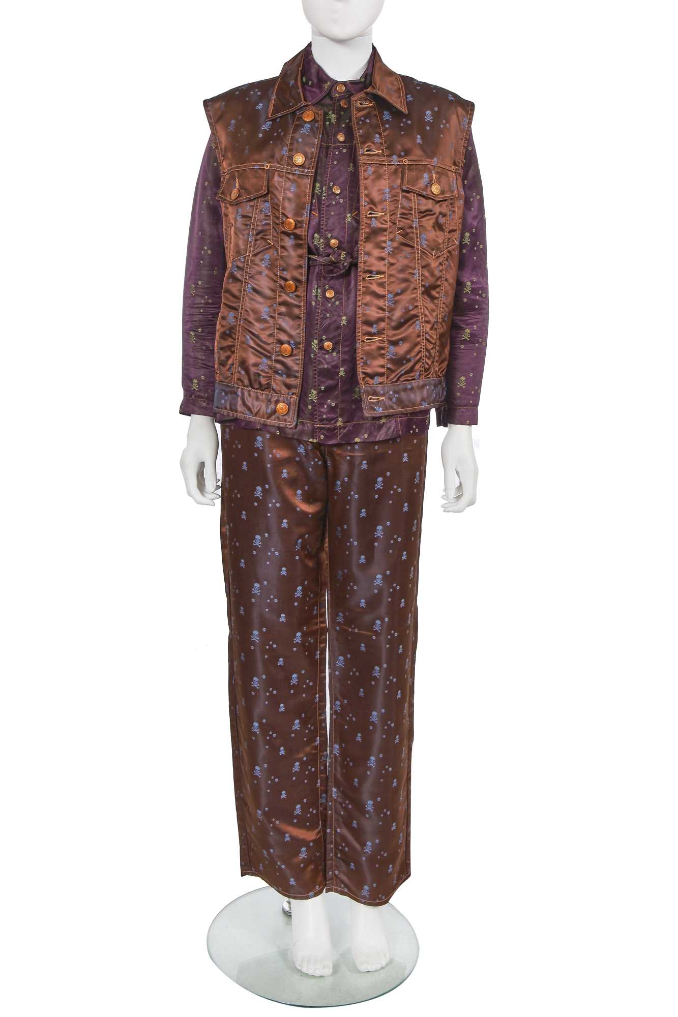 Lot 115 - A Jean Paul Gaultier skull and crossbones damask satin ensemble, 'Mad Max/Riders and Horsemen of Modern Times' collection, Autumn-Winter 1995-96