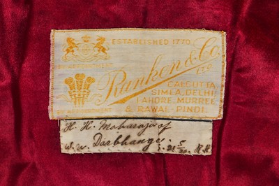 Lot 161 - A fine Ranken and Co. silk achkan made for the Maharaja Kameshwar Singh Bahadur, circa 1934