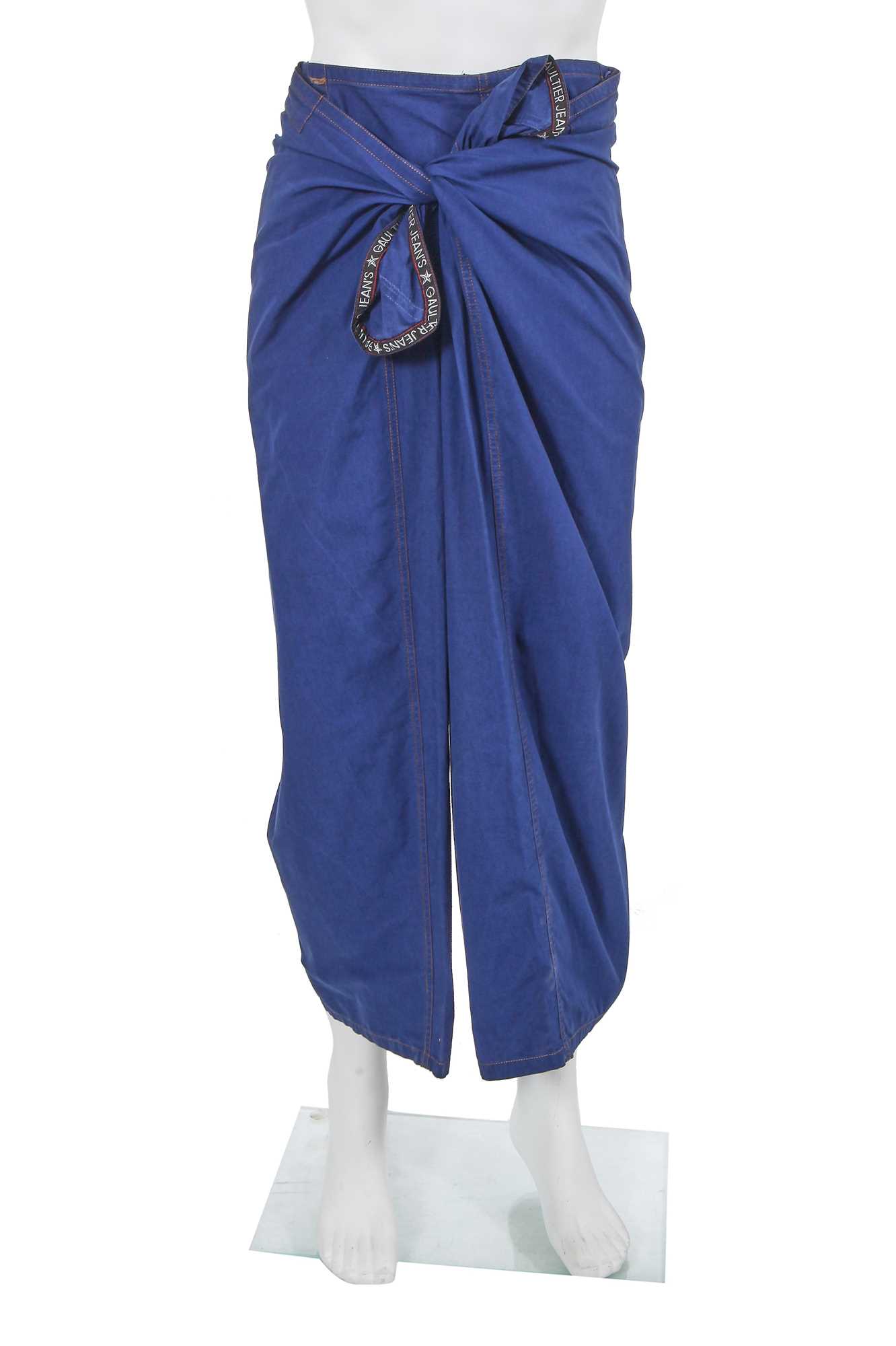 Lot 109 - A pair of Jean Paul Gaultier blue cotton sarong-trousers, ‘Les Tatouages/La Brute et le Raffiné’ commercial collection, Spring-Summer 1994