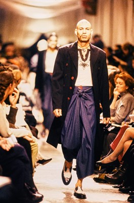 Lot 109 - A pair of Jean Paul Gaultier blue cotton sarong-trousers, ‘Les Tatouages/La Brute et le Raffiné’ commercial collection, Spring-Summer 1994