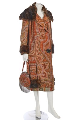 Lot 769 - A Paisley wool coat and bag ensemble, early 1920s