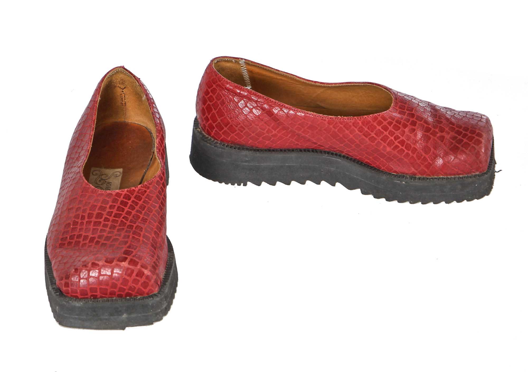 Lot 606 - A pair of John Moore (House of Beauty and Culture) brown leather 'hog toe' shoes, late 1980s