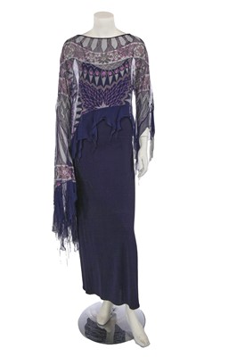 Lot 403 - A Zandra Rhodes printed chiffon and navy jersey ensemble, circa 2005