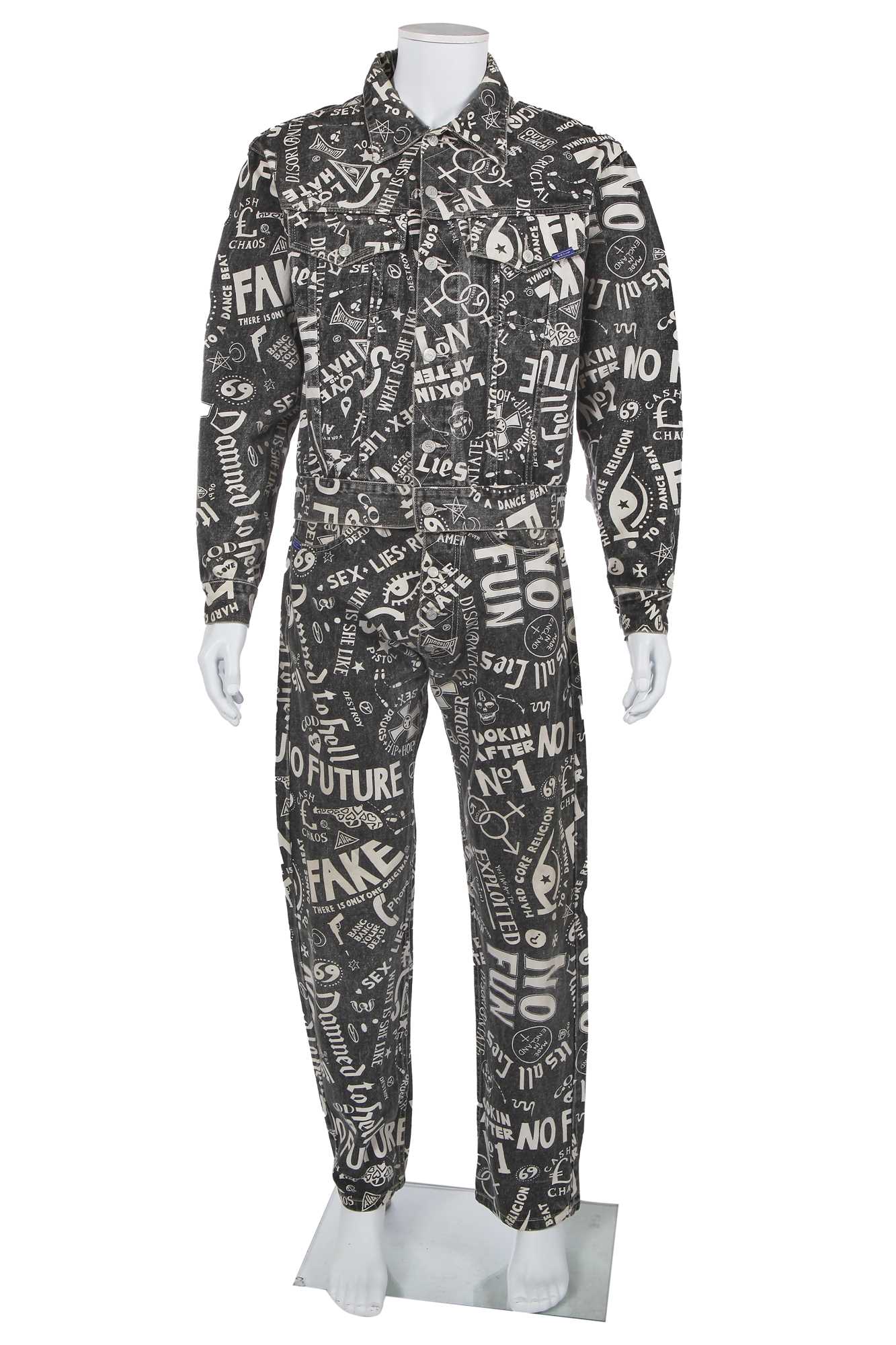 Lot 144 - A John Richmond men's grey and white printed denim ensemble, 1990s