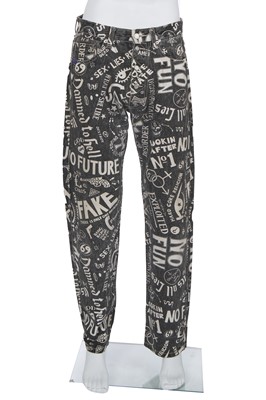 Lot 144 - A John Richmond men's grey and white printed denim ensemble, 1990s