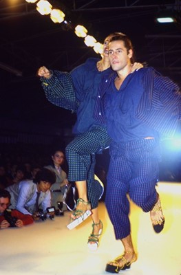 Lot 60 - A Westwood McLaren blue and red striped cotton Bedford cord ensemble, 'Hypnos' collection, Spring-Summer 1984