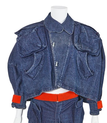 Lot 60 - A Westwood McLaren blue and red striped cotton Bedford cord ensemble, 'Hypnos' collection, Spring-Summer 1984