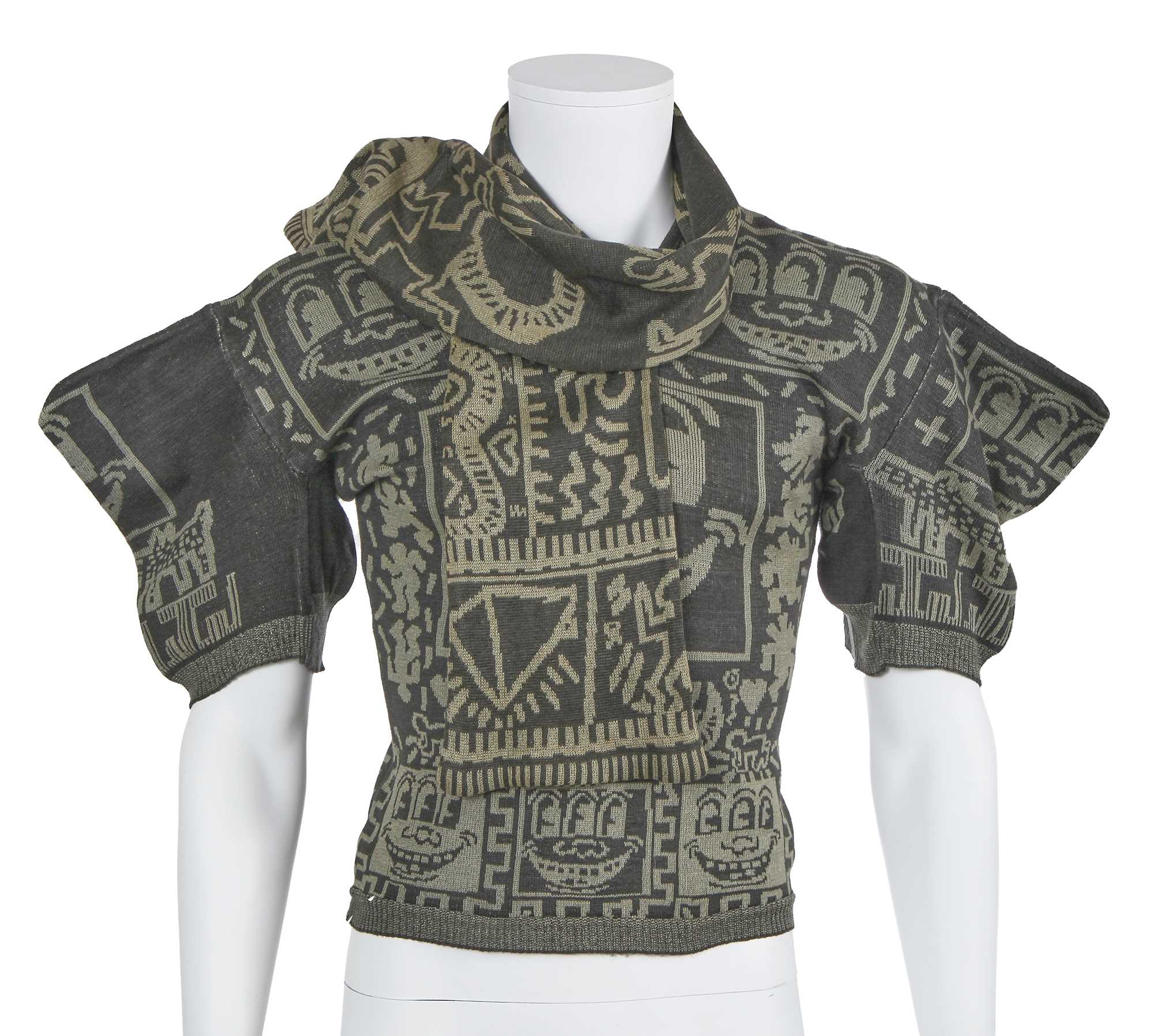 Lot 56 - A Westwood/McLaren Keith Haring knitted cotton-blend top and scarf, 'Witches' collection, Autumn-Winter 1983-84