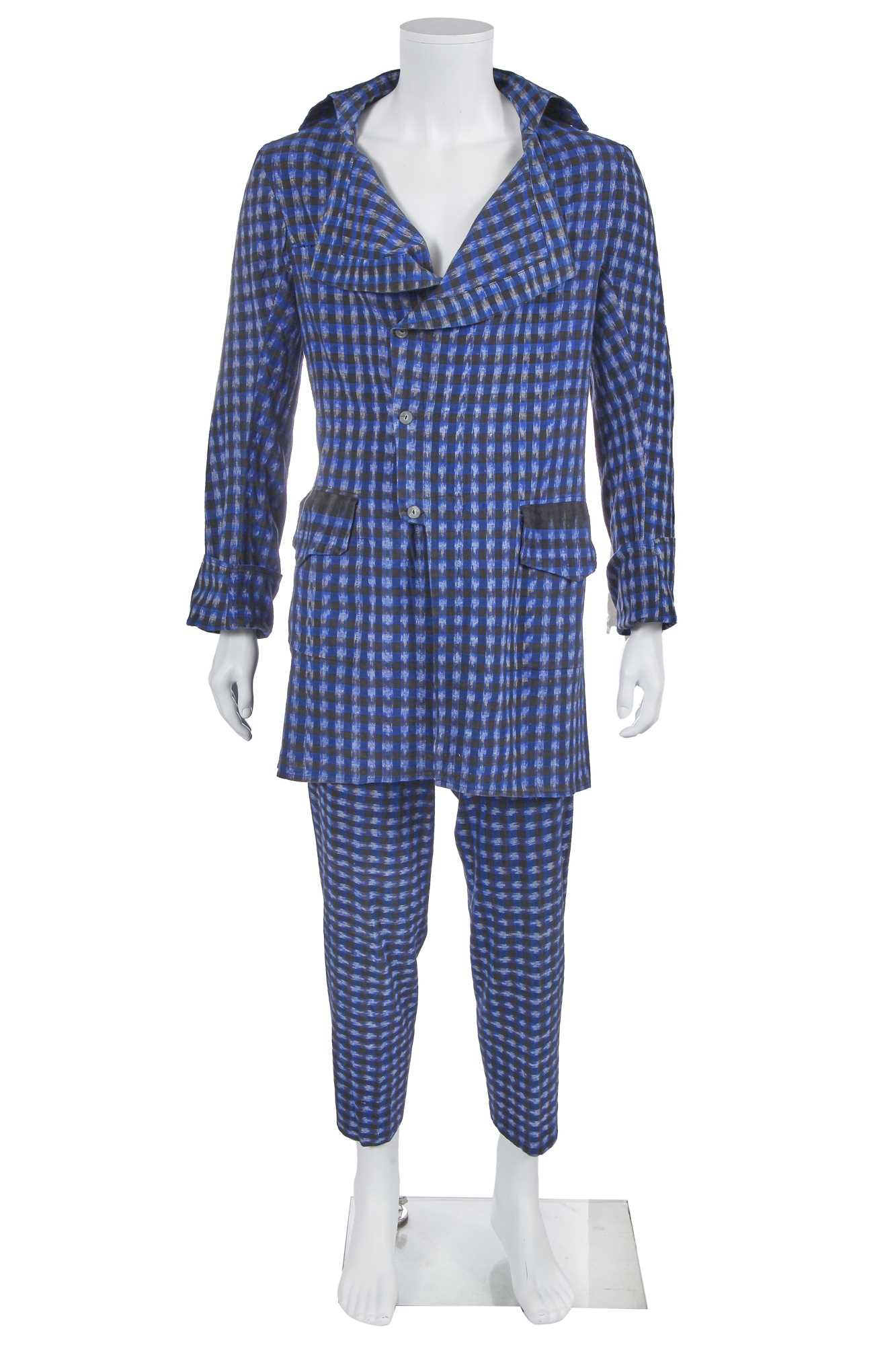 Lot 44 - A Westwood/McLaren blue, black and white ikat weave cotton suit, 'Savage' collection, Spring-Summer 1982