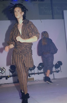 Lot 41 - A pair of Westwood/McLaren madras striped cotton trousers, 'Pirate' collection, Autumn-Winter 1981-82