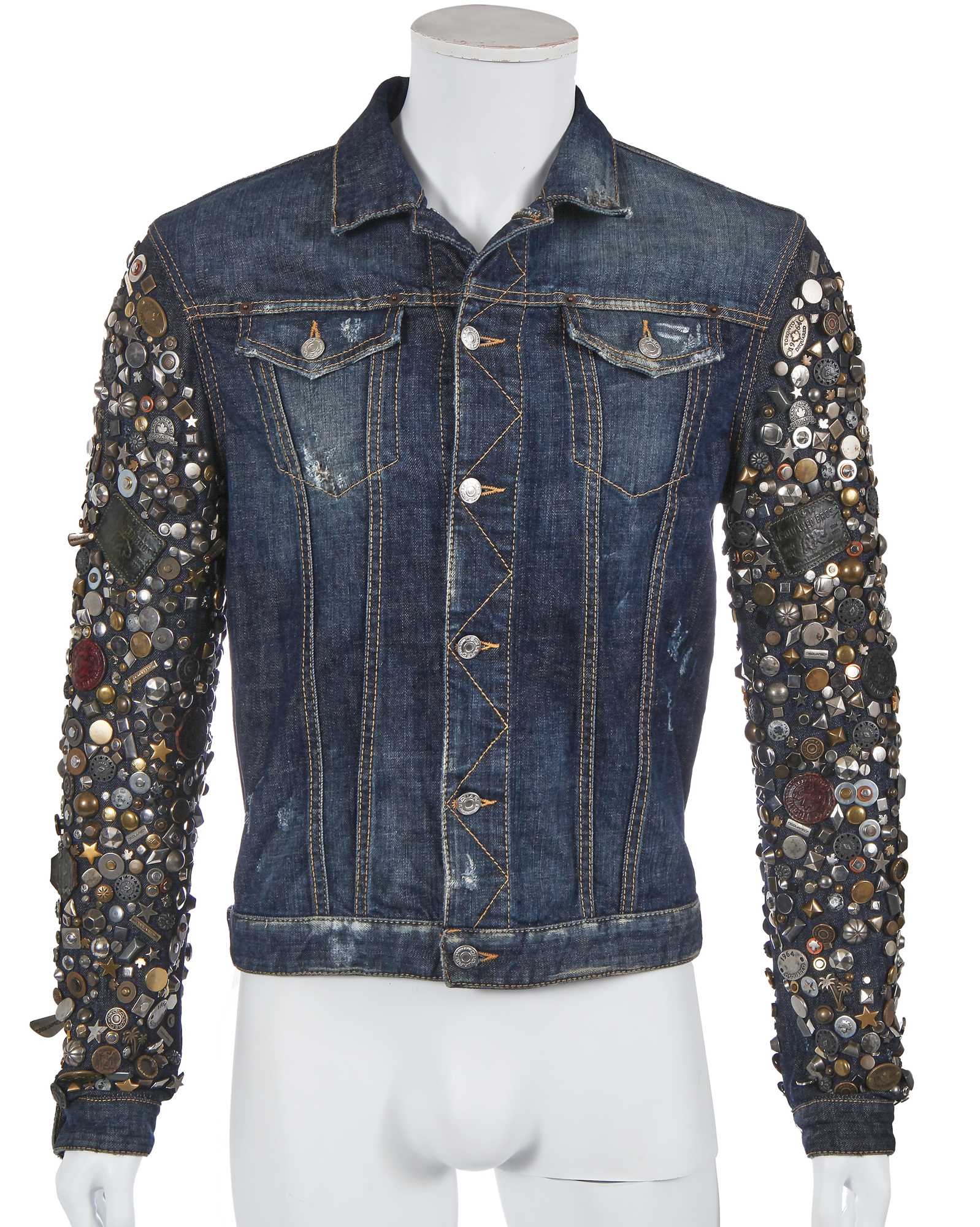 Lot 11 - A Dsquared2 men's distressed studded blue denim jacket, Autumn-Winter 2012-13