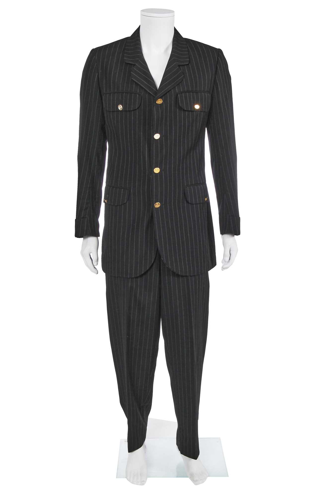 Lot 73 - A Vivienne Westwood men's black pinstriped wool suit, circa 1992